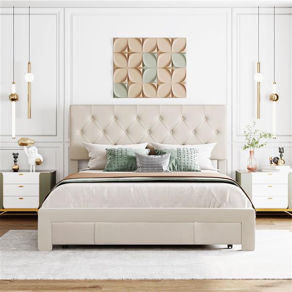 Queen Size Storage Bed Velvet Upholstered Platform Bed with a Big Drawer - Beige