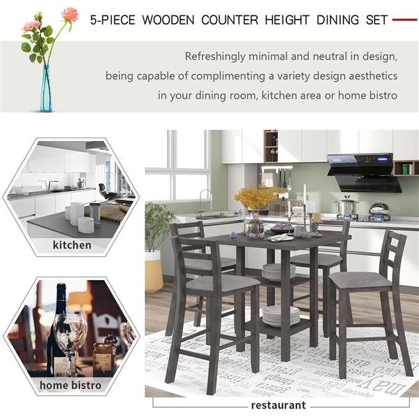 5-Piece Wooden Counter Height Dining Set with Padded Chairs and Storage Shelving (Gray)