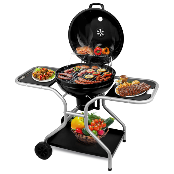 Kettle Charcoal Grill with 2 Side Tables, Storage Shelf, Upgraded Ash Catcher, Thermometer, Air Vents, Outdoor Cooking Barbecue Grill with Wheels