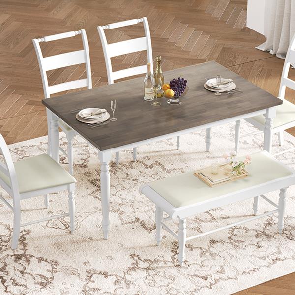 6-peice Dining Set with Turned Legs, Kitchen Table Set with Upholstered Dining Chairs and Bench,Retro Style, White