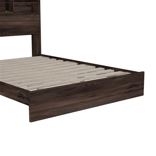 Queen Size Wooden Platform Bed with Storage Headboard,American Country Style Bed with USB Charging Ports,Dark Walnut