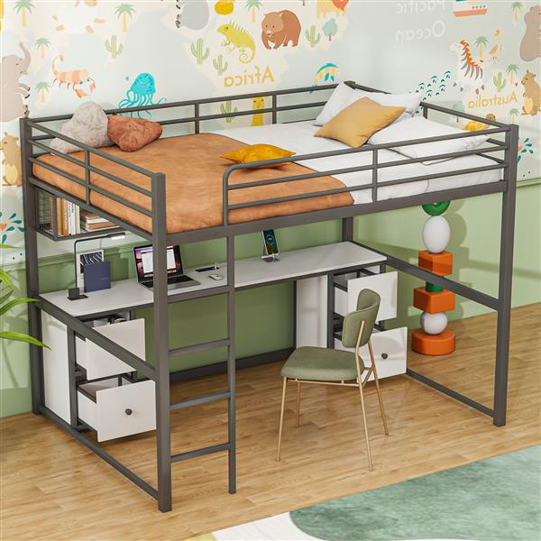 Full Size Metal Loft Bed with Desk, Drawers and Bedside Tray, Charging Station, USB and socket