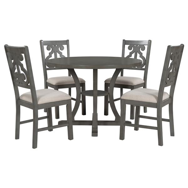 5-Piece Round Dining Table and Chair Set with Special-shaped Legs and an Exquisitely Designed Hollow Chair Back for Dining Room (Gray)