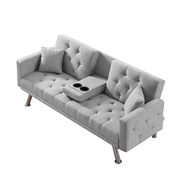 Grey Linen Convertible Sofa and Bed, Square Arm Armrests, Can Hold Water Cup, Two Pillow