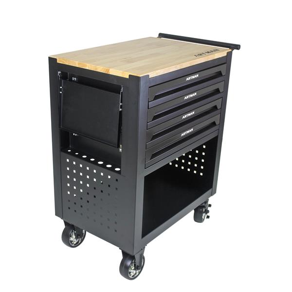 4 DRAWERS MULTIFUNCTIONAL TOOL CART WITH WHEELS AND WOODEN TOP-BLACK