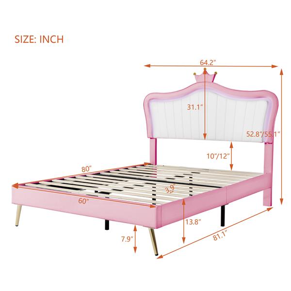 Queen Size Upholstered Bed Frame with LED Lights,Modern Upholstered Princess Bed With Crown Headboard,White+Pink