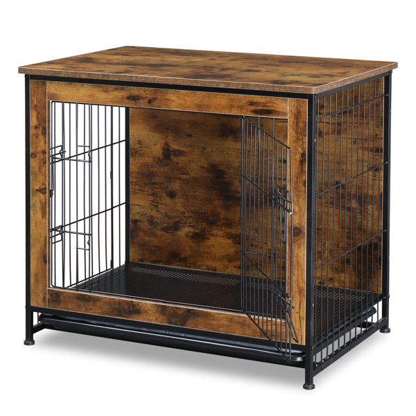 Dog Crate Furniture with Cushion, Wooden Dog Crate Table, Double Doors Dog Furniture, Indoor Dog Kennel, Dog House, Dog Cage, Rustic Brown