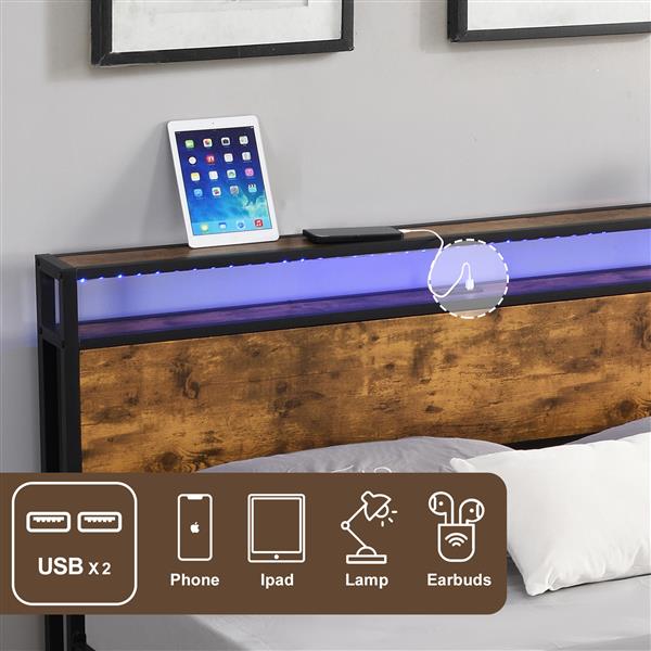 Industrial Queen Bed Frame with LED Lights and 2 USB Ports, Bed Frame Queen Size with Storage, Noise Free, No Box Spring Needed, Rustic Brown