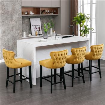 Contemporary Velvet Upholstered Wing-Back Barstools with Button Tufted Decoration and Wooden Legs, and Chrome Nailhead Trim, Leisure Style Bar Chairs,Bar stools,Set of 4 (ld),SW1824GLx2 cartons