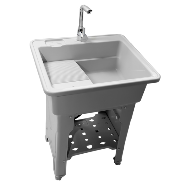 Gray Freestanding Plastic Utility Sinks Utility Sink Laundry Tub Outdoor Sink Drop in Deep Sink Kit with Inlet Pipe and Drain Pipe