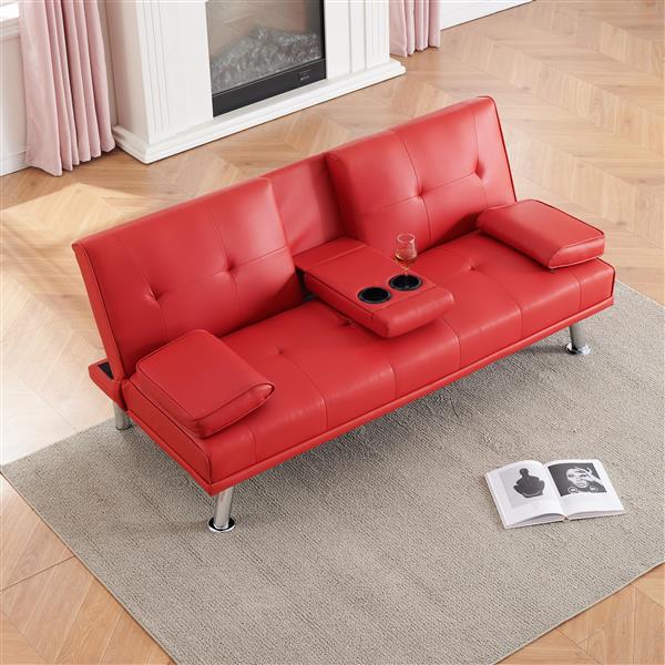 67" Red Leather Multifunctional Double Folding Sofa Bed for Office with Coffee Table