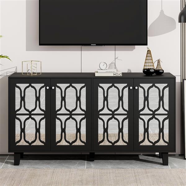 Buffet Cabinet with Adjustable Shelves, 4-Door Mirror Hollow-Carved TV stand for TVs Up to 70'', Multi-functional Console Table with Storage Credenza Cabinet for Living Room, Black