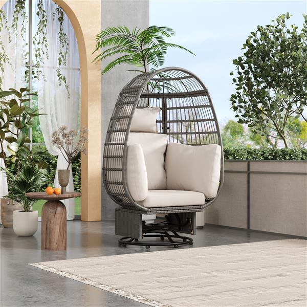 Outdoor Swivel Chair with Cushions, Rattan Egg Patio Chair with Rocking Function for Balcony, Poolside and Garden (Grey Wicker + Beige Cushion)