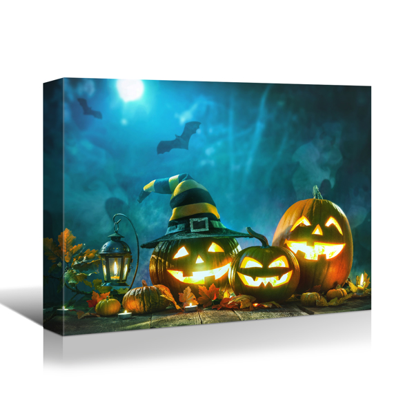 Framed Canvas Wall Art Decor Painting For Halloween, Jack-o-lanterns with Wizard Hat Painting For Halloween Gift, Decoration For Halloween Living Room, Bedroom Decor-Ready To Hang