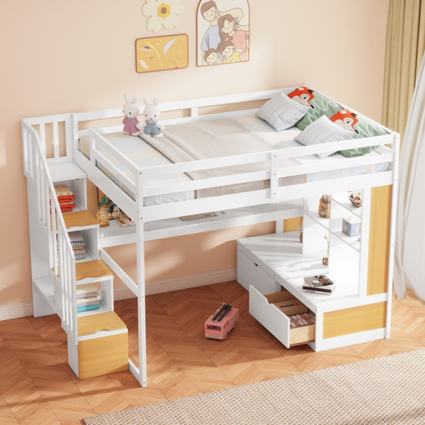 Full Size Loft Bed with Desk and Shelves, Two Built-in Drawers, Storage Staircase, White and Natural 