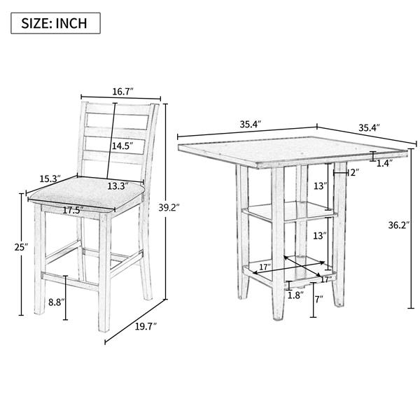 5-Piece Wooden Counter Height Dining Set with Padded Chairs and Storage Shelving (Espresso)