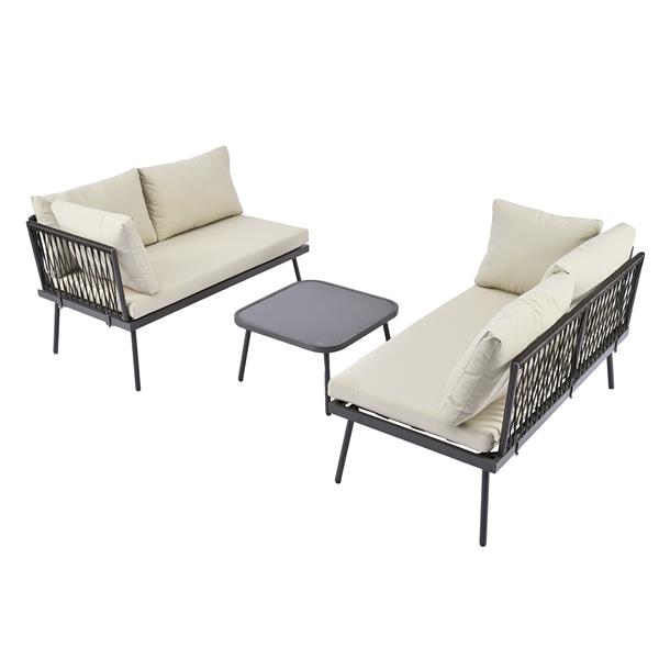 Modern Outdoor 3-Piece PE Rattan Sofa Set All Weather Patio Metal Sectional Furniture Set with Cushions and Glass Table for Backyard, Poolside, Garden,Black,L-Shaped