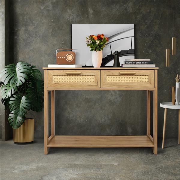 Console Table with 2 Drawers,  Sofa Table, Entryway Table with open  Storage Shelf, Narrow Table with rattan design for Living Room/Entryway/Hallway,  Natural Color