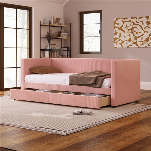 Twin Size Corduroy Daybed with Two Drawers and Wood Slat, Pink