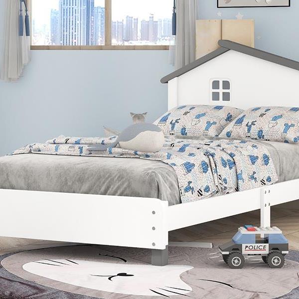 Twin Size Wood Platform Bed with House-shaped Headboard  (White+Gray)