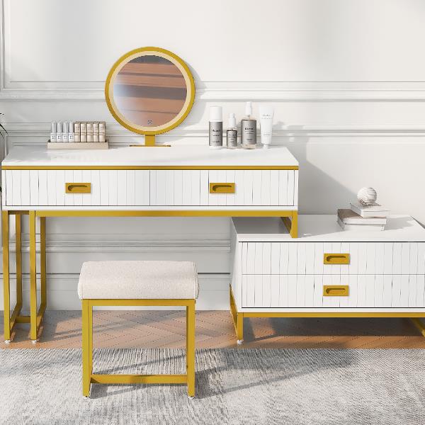 Modern Style Vanity Table With Movable Side Cabinet And 4-Drawers, Large Size Dressing Table With Mirror and 3-colors LED Light, Makeup Table With Stool, White, Golden Legs