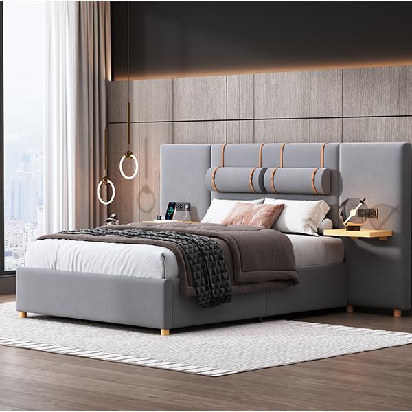 Full size upholstered platform bed with two outlets and USB charging ports on both sides, two bedside pillows, storage shelf, Gray