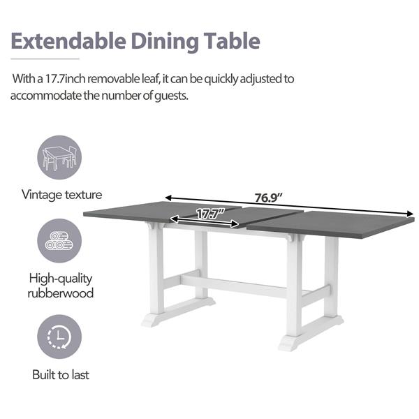 7-Piece Updated 76.9inch Extendable Trestle Dining Table Set with Removable Leaf, Kitchen Table Set with Upholstered Side Chair and Arm Chair, Set of 6, White