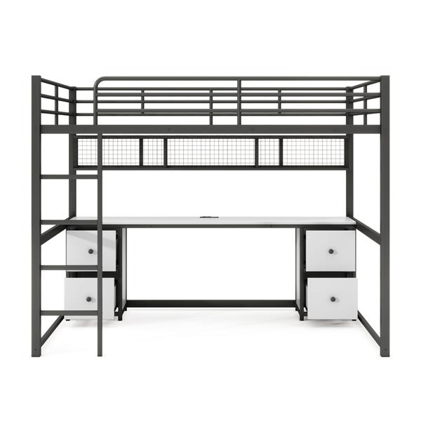 Full Size Metal Loft Bed with Desk, Drawers and Bedside Tray, Charging Station, USB and socket