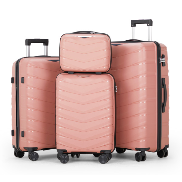 FCH V-shaped stripes 4-piece suitcase with PP handbag PP trolley case 14in 20in 24in 28in PP iron trolley fashionable color - rose gold (grain pattern)