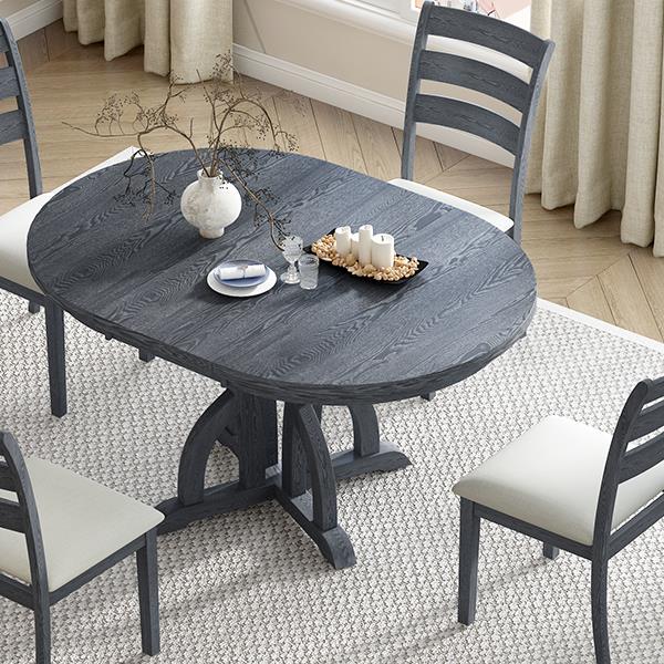 5-Piece Farmhouse Round Pedestal Extending Dining Table Set Extendable Kitchen Table Set with 15.8" Removable Leaf and Ladder Back Dining Chairs for Small Places, Black