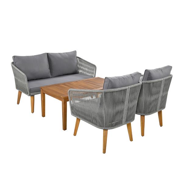 4-Piece Patio Conversation Set, Solid Wood Loveseat, 2 Chairs and Table, Outdoor Conversation Group with Cushions for Backyard, Poolside, Garden (Dark Grey Cushion + Grey Rope)