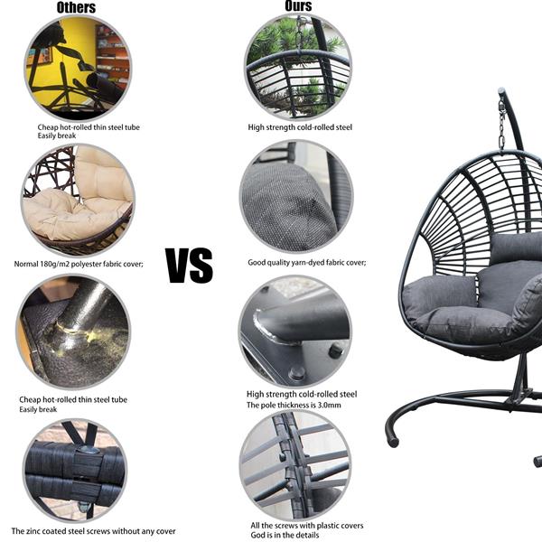 High Quality Outdoor Indoor Black color PE Wicker Swing Egg chair with Antracite Color Cushion And Black Color Base