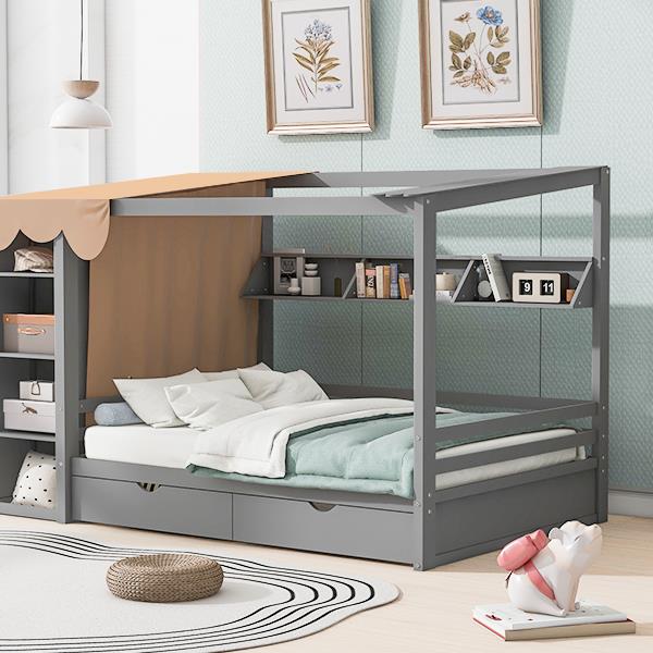 Full size House Bed with Two Drawers and Wardrobe,Gray