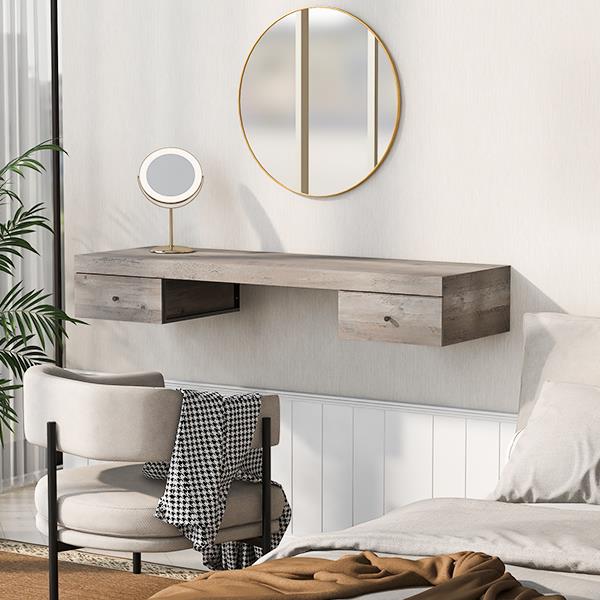 47.2" Wall-mounted Vanity Desk, Floating Vanity Shelf with Drawers, Dressing Table With Wooden Sticker,Computer Table Desk, Home Office Desk, Log Gray