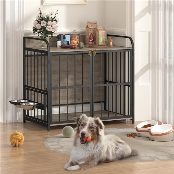 39'' Indoor Metal Dog Crate with Double Doors, Wooden Side End Table Crate, Dog Crate Furniture with Adjustable Feeder Stand, for Medium Dog, Gray