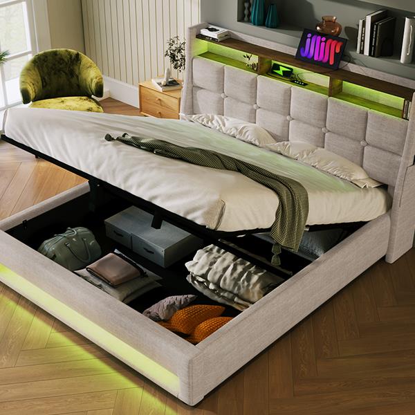 Full size Upholstered Platform bed with a Hydraulic Storage System, LED and USB Charging, Natural (without mattress)