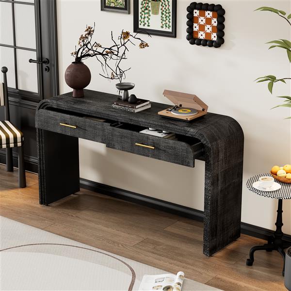 Unique Retro Silhouette Console Table with Open Style, Two Top Drawers for Entrance, Dinning Room, Living Room (Antique Black)