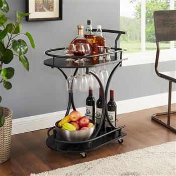 Black 2-Tier Bar Cart, Slide Bar Serving Cart, Retro Style Wine Cart for Kitchen, Beverage Cart with Wine Rack and Glass Holder, Rolling Drink Trolley for Living Room, Dining Room