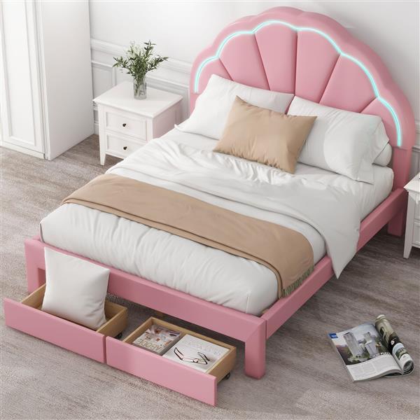 Full Size Upholstered Platform Bed with Seashell Shaped Headboard, LED and 2 Drawers, Pink