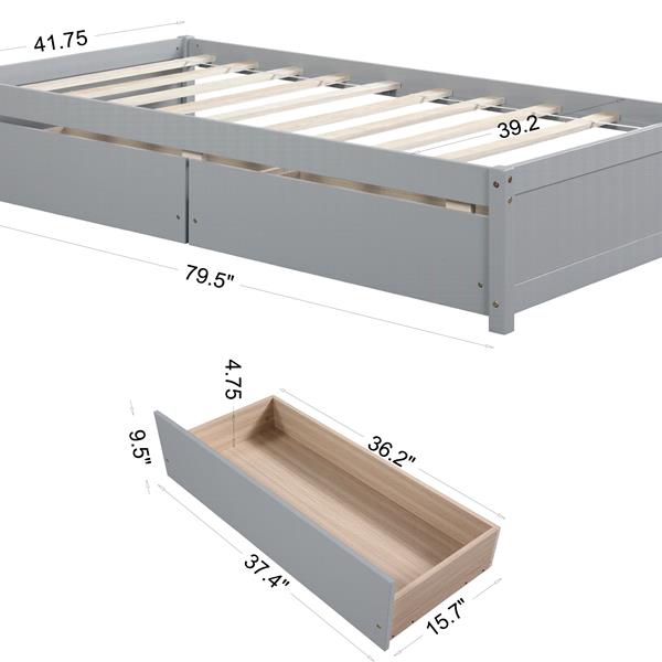 Twin Bed with 2 Drawers, Solid Wood, No Box Spring Needed ,Grey