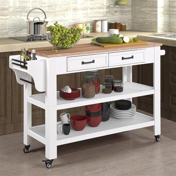 57 inch Rolling Kitchen Island with Storage,Kitchen Cart with Solid OAK Wood Top,Two-sided Kitchen island Cart on Wheels ,Wine and Spice Rack, Large Kitchen Cart with 2 Drawers, Milk White+Natural Top