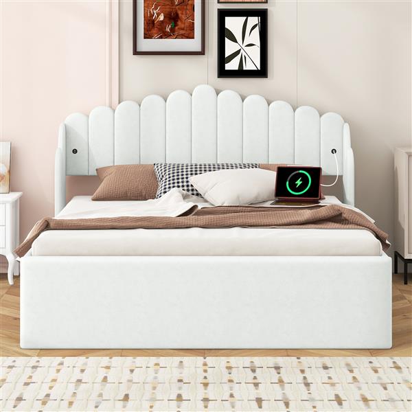 Queen Size Upholstered Platform Bed with 4 Drawers and 2 USB, Beige