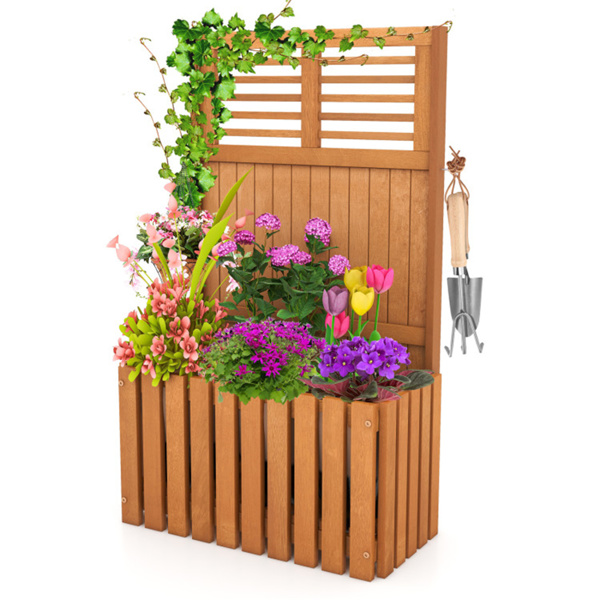 Wooden garden bed with metal hooks