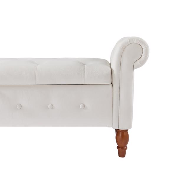 Beige, Solid Wood Legs, Velvet Bedroom End of Bed Storage Bench, Rolled Side Sofa Bench, Toy Storage Bench