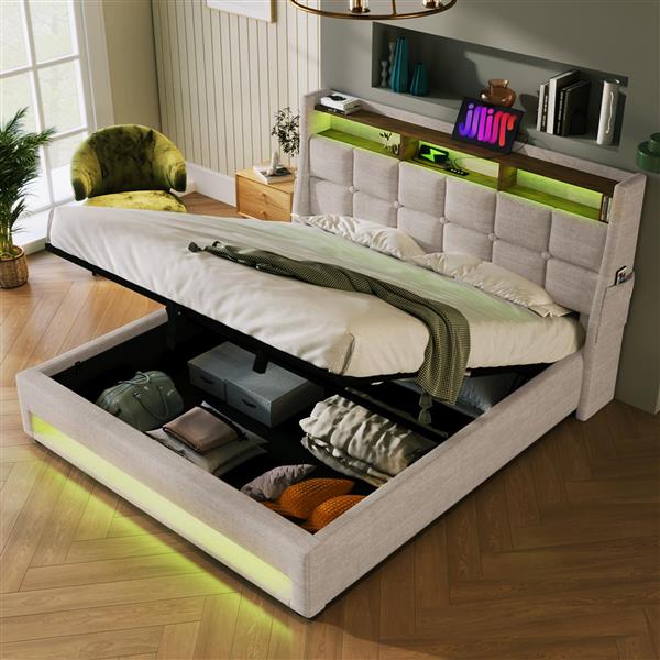 Queen size Upholstered Platform bed with a Hydraulic Storage System, LED and USB Charging, Natural (without mattress)