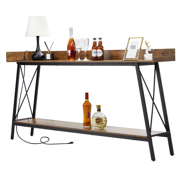 70.9 inch Extra Long Console Table with 2 Power Outlets & USB Ports, Rustic Industrial Sofa Table Behind Couch for Living Room, Narrow Entryway Hallway Long Bar Table, Brown