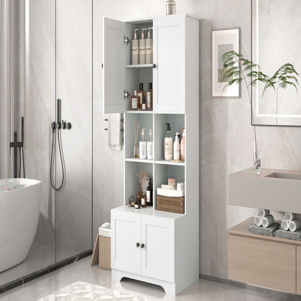 Tall and Wide Bathroom Floor Storage Cabinet, Bathroom Storage Unit, Freestanding Cabinet with 4 Doors, Adjustable Shelves, Open multi-layer Shelves, White 