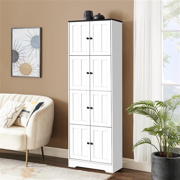 Tall Storage Cabinet with 8 Doors and 4 Shelves, Wall Storage Cabinet for Living Room, Kitchen, Office, Bedroom, Bathroom, White