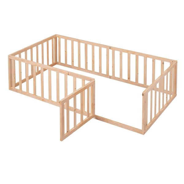 Twin Size Wood Floor Bed Frame with Fence and Door, Natural