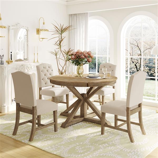 Functional Furniture Retro Style Dining Table Set with Extendable Table and 4 Upholstered Chairs for Dining Room and Living Room(Natural Wood Wash)